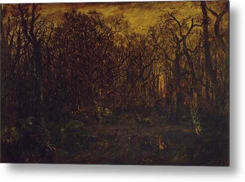 The Forest In Winter At Sunset Metal Print featuring the painting The Forest in Winter at Sunset by Theodore Rousseau