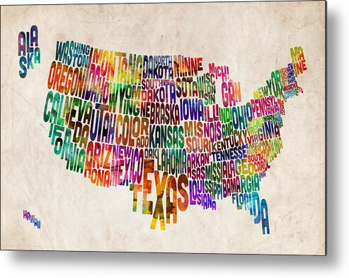 Usa Map Metal Print featuring the digital art United States Text Map #4 by Michael Tompsett