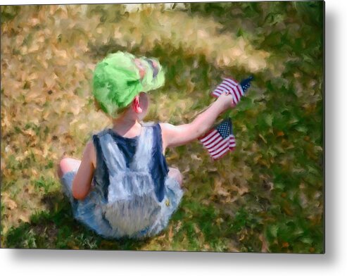 Little Boy With American Flags On The 4th Of July Metal Print featuring the photograph 4th of July by Mary Timman