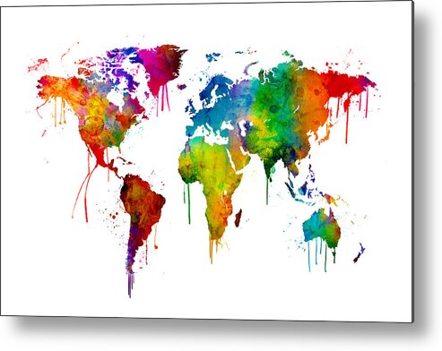 A Bright And Colorful Watercolor World Map. Metal Print featuring the digital art Watercolor Map of the World Map by Michael Tompsett