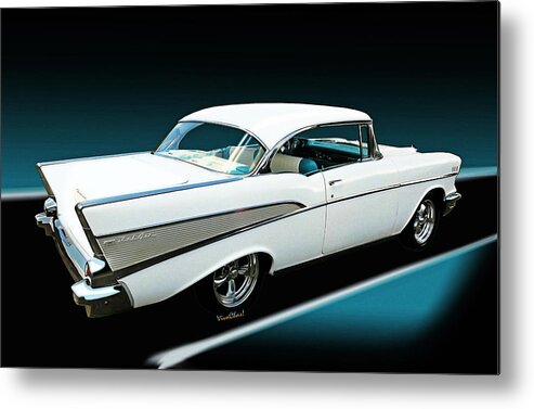 1957 Metal Print featuring the photograph 57 Chevy Bel-Air Hardtop in Silver and White by Chas Sinklier