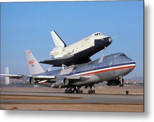 Space Metal Print featuring the photograph 747 Takes Off with Space Shuttle Enterprise for ALT-4 by Brian Lockett