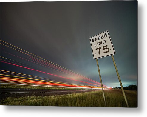 Car Metal Print featuring the photograph 75np Speed Limit Sign At Night Next To Afreeway At Night by Alex Grichenko