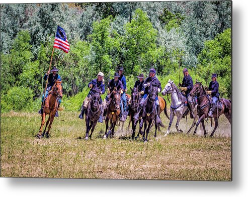 Little Bighorn Re-enactment Metal Print featuring the photograph 7th Cavalry In Charge Formation by Donald Pash