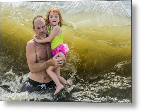 Beach Metal Print featuring the photograph A Father, A Daughter, and A Big Wave by WAZgriffin Digital
