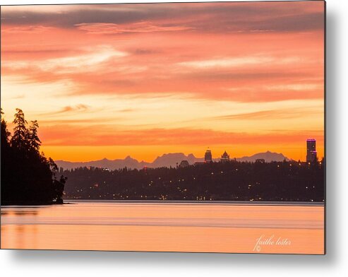 Sunrise; Orange Sky; Sun Reflected In Clouds; West Seattle; Blake Island; Yukon Harbor; Puget Sound; Cascade Mountains; Silhouettes; Shimmering Waters; Calm Waters; A Glaze Of Orange; E Faithe Lester; Faithe Lester; Faith Lester Metal Print featuring the photograph A Glaze of Orange by E Faithe Lester