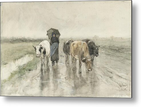 A Herdess With Cows On A Country Road In The Rain Metal Print featuring the painting A Herdess with Cows on a Country Road in the Rain by Celestial Images