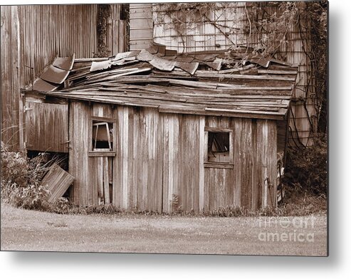 Black White Monochrome Sepia Shed Farm Disrepair Broken Old Abandon Abandoned Shack Building Outbuilding Garage Tone Toned Metal Print featuring the photograph A Shed in Disrepair by Ken DePue