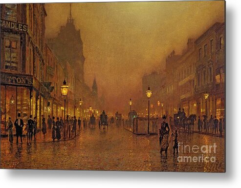 A Street At Night By John Atkinson Grimshaw Metal Print featuring the painting A Street at Night by John Atkinson Grimshaw