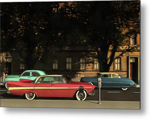 1952 Metal Print featuring the painting A street with oldtimers by Jan Keteleer