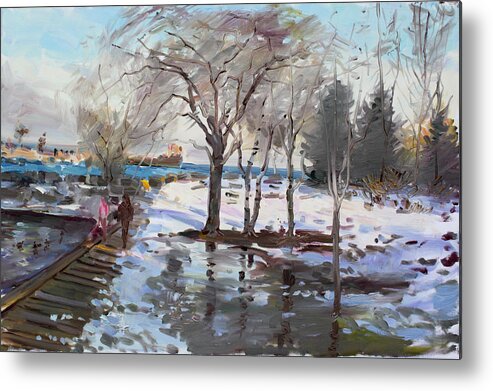 Landscape Metal Print featuring the painting A sunny freezing day by Ylli Haruni