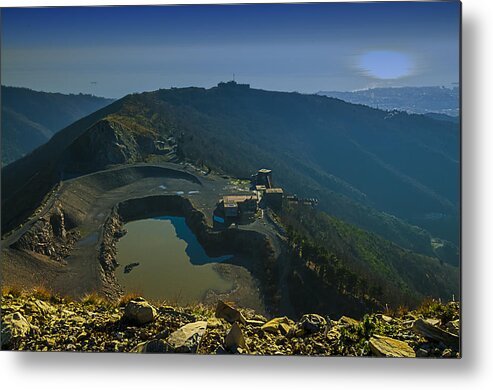 Abandoned Quarry Metal Print featuring the photograph Abandoned Quarry With Lake Sea And Genoa Panorama by Enrico Pelos