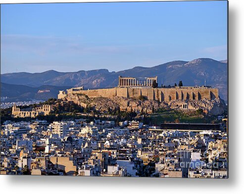 Acropolis; Acropoli; Akropoli; Akropolis; Parthenon; Erechthion; Erechtheion; Monument; Theatre; Theater Metal Print featuring the photograph Acropolis of Athens and theatre of Herodus Atticus during sunset by George Atsametakis