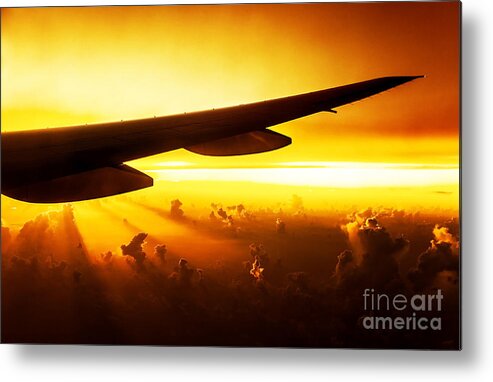 Aerial Metal Print featuring the photograph Airplane on sunset by Anna Om