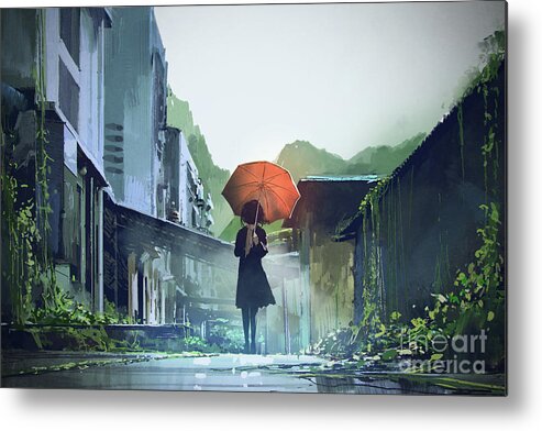 Illustration Metal Print featuring the painting Alone In The Abandoned Town by Tithi Luadthong
