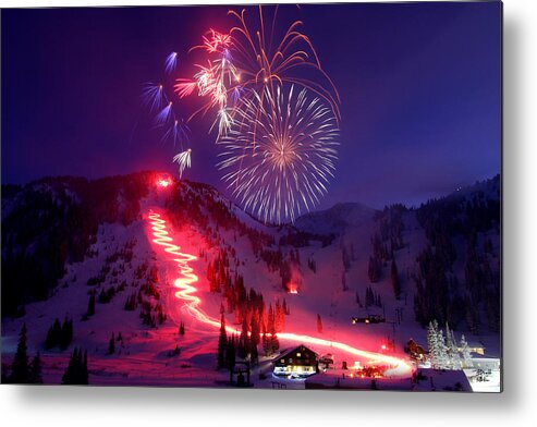 Alta Ski Utah Torchlight Fireworks Celebration Birthday Metal Print featuring the photograph Alta Ski Area 75th Birthday Celebration by Brett Pelletier