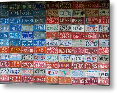 Car Tag Metal Print featuring the photograph American Flag Made from Car Tags at Red Oak II Carthage Missouri by T Lowry Wilson