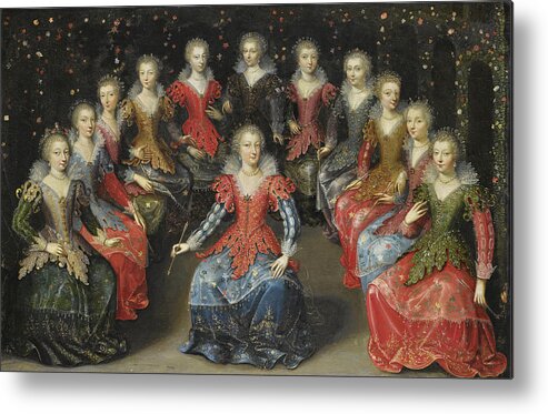 Attributed To Claude Deruet Metal Print featuring the painting An Allegory of Love? Twelve Noblewomen seated in a Garden, each holding an Arrow by Attributed to Claude Deruet