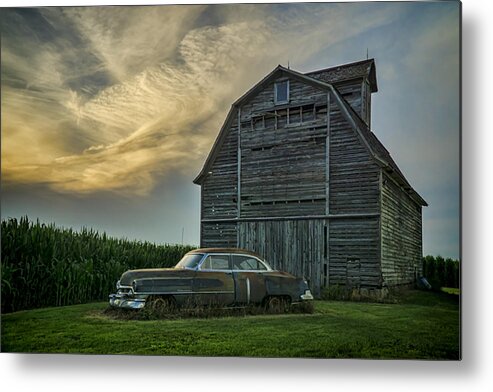 Cadillac Metal Print featuring the photograph An Old Cadillac by a barn and cornfield by Sven Brogren