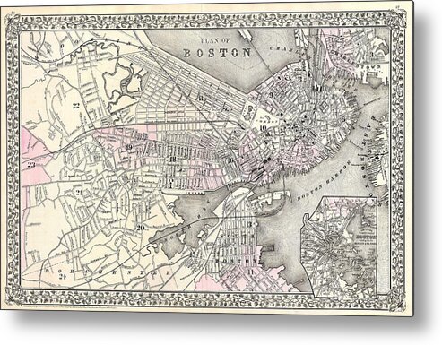 Antique Map Of Boston Metal Print featuring the drawing Antique Maps - Old Cartographic maps - Antique Map of Boston Massachusetts, 1879 by Studio Grafiikka