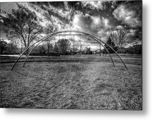 Cloudy Sky Metal Print featuring the photograph Arch Swing Set in the Park 76 in Black and White by YoPedro