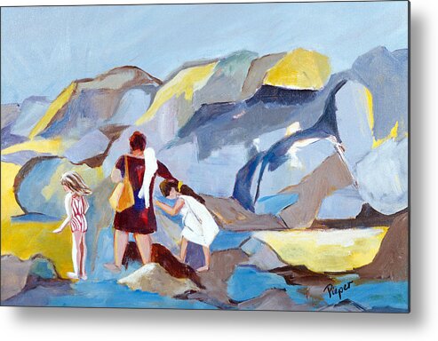 Mother And Two Girls Metal Print featuring the painting At Laguna Beach by Betty Pieper