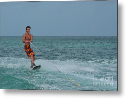 Wakeboard Metal Print featuring the photograph Athletic Young Wakeboarder Riding a Wakeboard in Aruba by DejaVu Designs