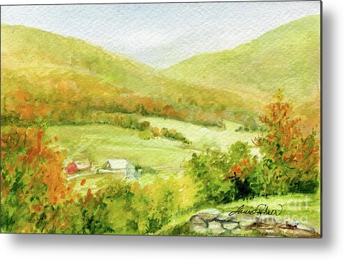 Watercolor Metal Print featuring the painting Autumn Farm in Vermont by Laurie Rohner