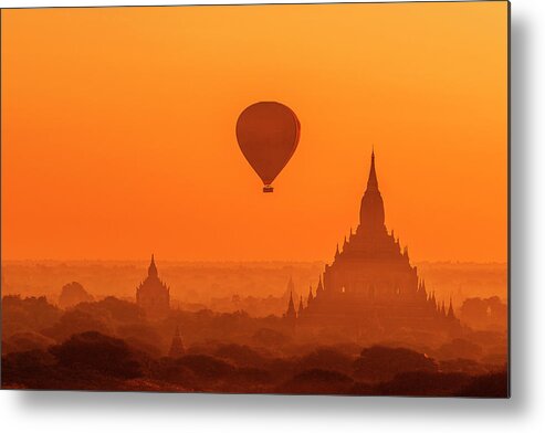  Metal Print featuring the photograph Bagan pagodas and hot air balloon by Pradeep Raja Prints