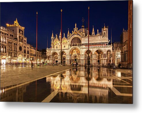 Basilica San Marco Metal Print featuring the photograph Basilica San Marco Reflections at Night - Venice, Italy by Barry O Carroll