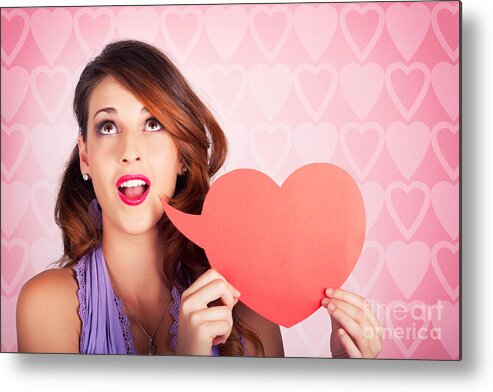  Metal Print featuring the photograph Beautiful Brunette Woman Shouting Out Love Message by Jorgo Photography
