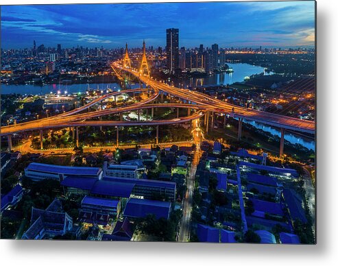 Bangkok Metal Print featuring the photograph Bhumibol bridge aerial view at sunrise by Pradeep Raja PRINTS