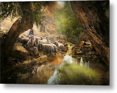 Oasis Metal Print featuring the photograph Bible - The Lord is my shepherd - 1910 by Mike Savad