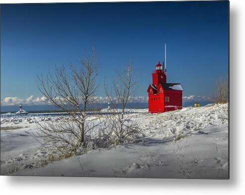 Art Metal Print featuring the photograph Big Red Lighthouse in Winter by Randall Nyhof