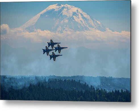 Blue Angels Metal Print featuring the photograph Blue Angels fly by Mount Rainier by Matt McDonald