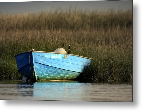Blue Metal Print featuring the photograph Blue Boat Eastham Cape Cod Boat Meadow Creek by Darius Aniunas