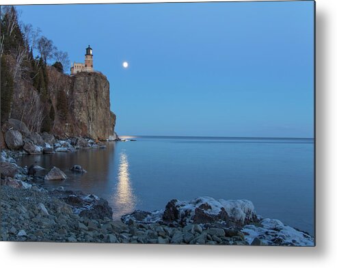 Split Rock Lighthouse Metal Print featuring the photograph Blue Moonrise at Split Rock Lighthouse by Nancy Dunivin