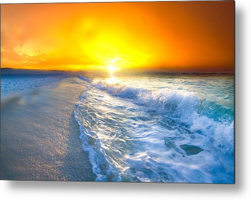 Red Sunrise Metal Print featuring the photograph Blue Ocean Landscape Wave Photography Red Surise by Eszra Tanner