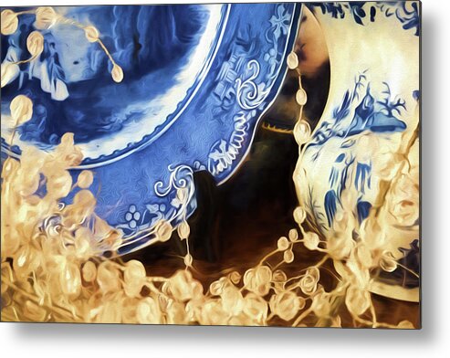 Digital Painting Metal Print featuring the painting Blue Vintage Plate by Bonnie Bruno