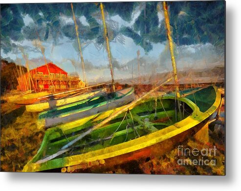 Boats Metal Print featuring the digital art Boats at Sunset by Eva Lechner
