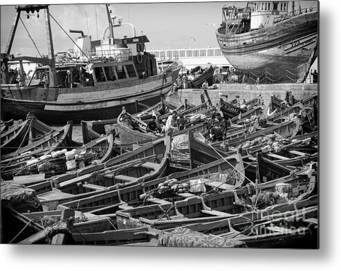 Morocco Metal Print featuring the photograph Boats Harbor Essaouira BW by Chuck Kuhn