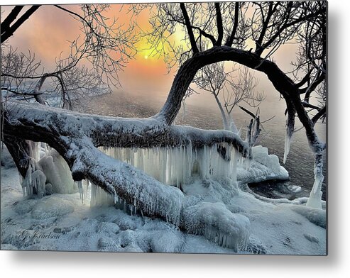 Great Lakes-lake Superior-sunrise-sea Smoke-ice-water-trees Metal Print featuring the digital art Break On Through by Gregory Israelson