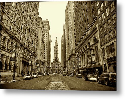 Broad Street Metal Print featuring the photograph Broad Street Facing Philadelphia City Hall in Sepia by Bill Cannon