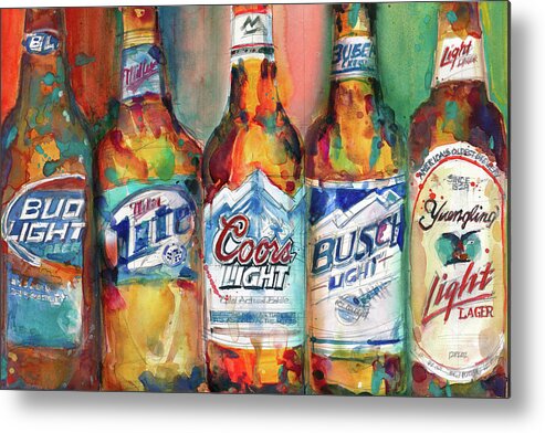 Art & Collectibles Metal Print featuring the painting Bud light Miller Lite Coors Light Busch Light Yuengling Light Combo Beer by Dorrie Rifkin