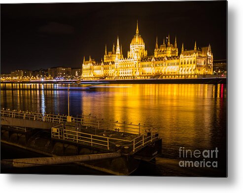 Budapest Metal Print featuring the photograph Budapest Night View Parliament by Jivko Nakev