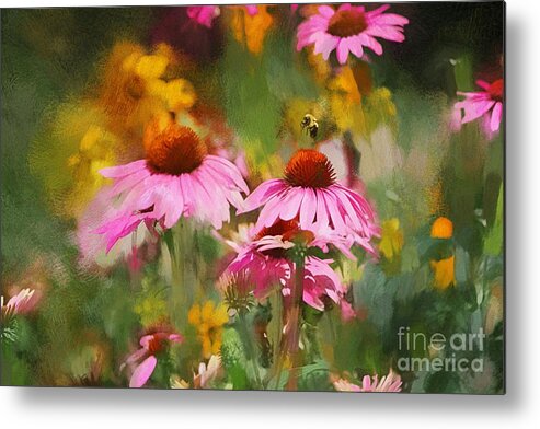 Coneflowers Metal Print featuring the mixed media Busy As A Bee by Tina LeCour