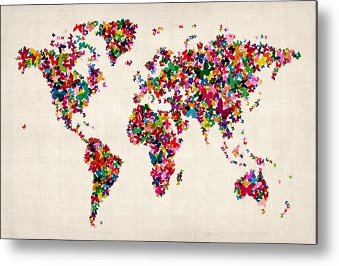 World Map Metal Print featuring the digital art Butterflies Map of the World by Michael Tompsett