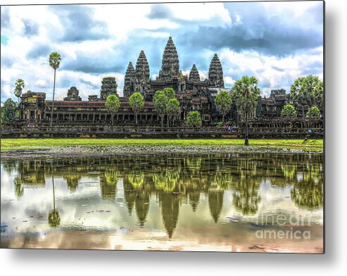Angkor Wat Metal Print featuring the digital art Cambodia Panorama Angkor Wat Reflections by Chuck Kuhn