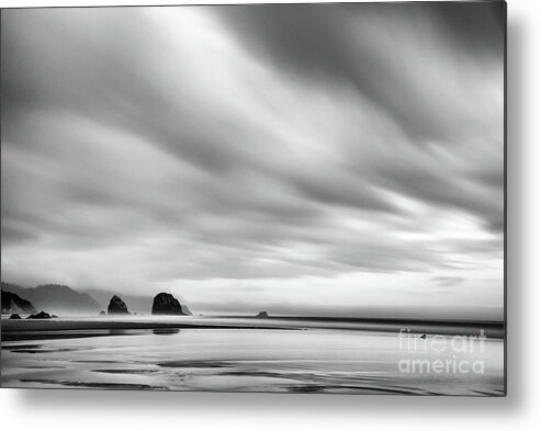 Haystack Rock Metal Print featuring the photograph Cannon Beach long exposure sunrise in black and white by Paul Quinn