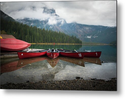 British Columbia Metal Print featuring the photograph Canoes at Emerald Lake by James Udall